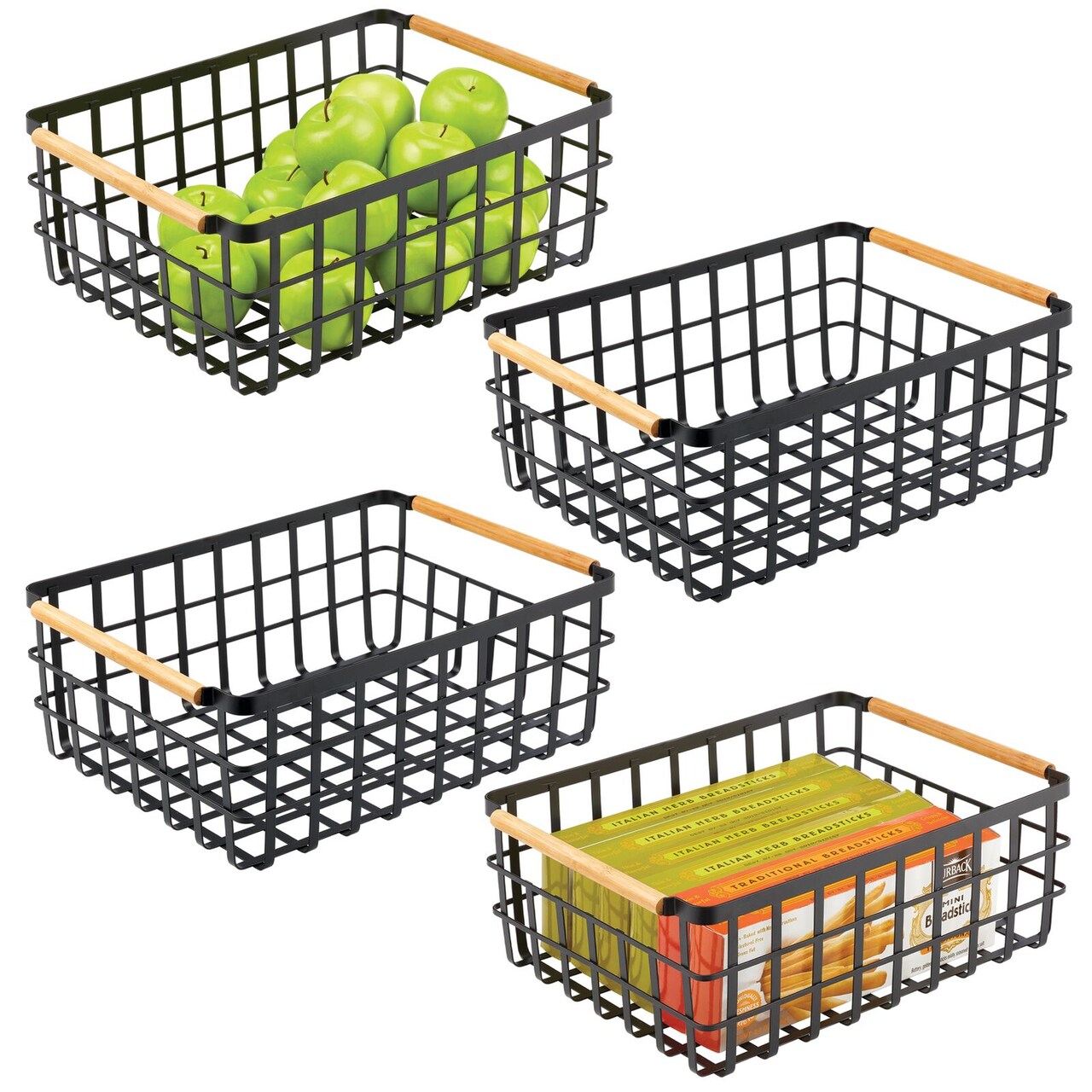 mDesign Metal Food Organizer Storage Bins with Bamboo Handles - 4 Pack